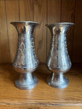 Decorative Silver-Tone Engraved Metal Vases - Pair 7” tall